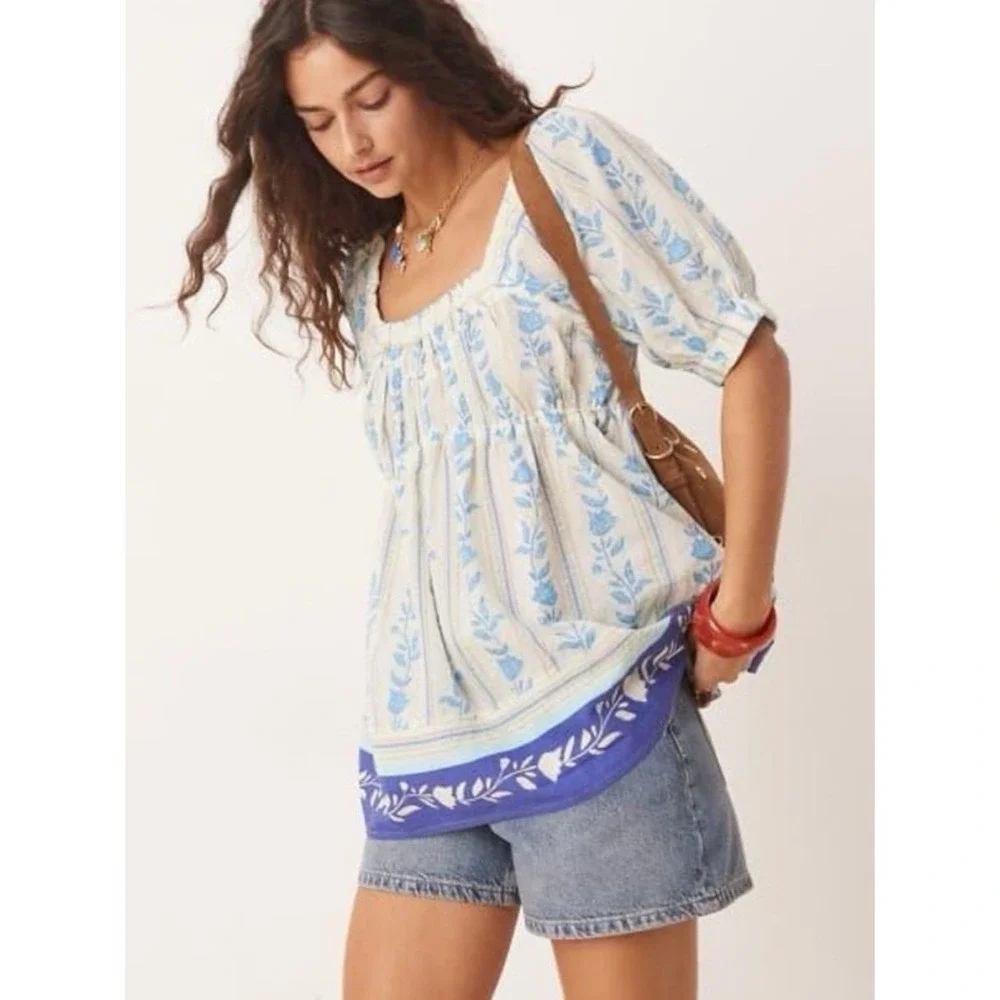 Free People XS NWOT Santorini Tunic Puff Sleeve Floral Relaxed Boho Cottage